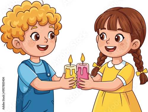 Cute Cartoon Illustration of Little Boy and Girl Holding Burning Candles Isolated on White Background for Children Holiday Celebration Religious Event and Festive Design