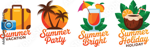 Collection of Summer Themed Icons: Vacation, Party, Bright, and Holiday