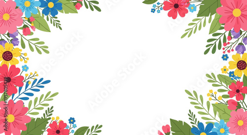 Colorful floral corner border with pink yellow blue flowers and green leaves
