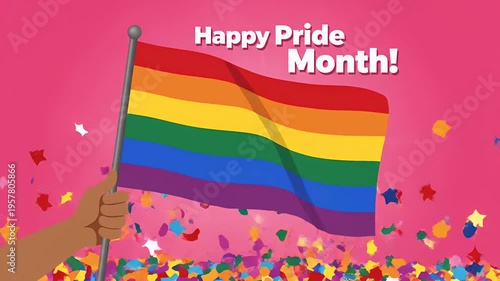 Waving Rainbow Flag Celebrates Happy Pride Month With Colorful Confetti