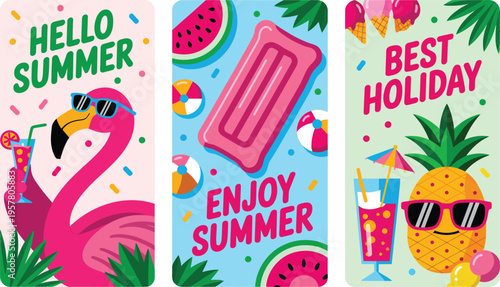 Vibrant Summer Greetings: Flamingo, Pineapple, and Beach Fun Illustrations