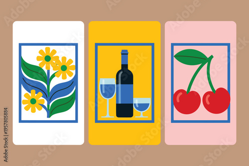 Vibrant Mid-Century Modern Triptych: Flowers, Wine, and Cherries