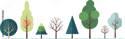 Diverse collection of flat vector tree icons featuring various seasonal styles like evergreen pines and leafless winter branches isolated on white background for design.