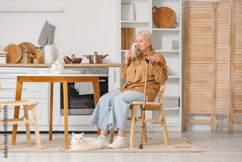 Mature woman with cane and ...