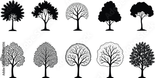 Diverse Collection of Flat Vector Tree Icons Isolated on White Including Palm Bamboo Pine and Oak Illustrations for Nature Design Game Assets and Eco Projects