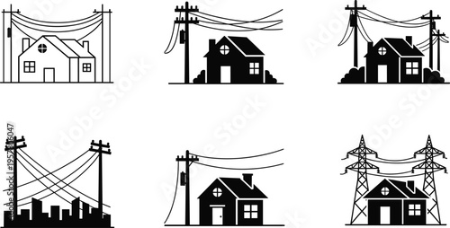 WebElectric power line and house silhouettes set isolated on white background, utility poles, transmission towers, residential energy infrastructure vector icons for design and engineering use