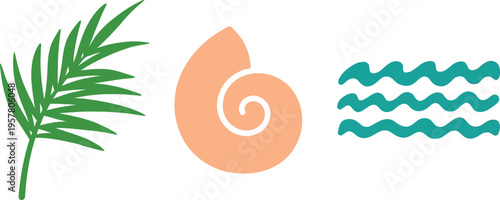 Tropical Beach Elements: Palm Leaf, Seashell, and Ocean Waves Icons