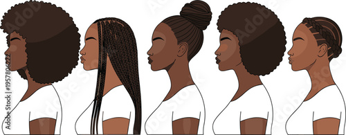 Set of five stylized side-profile illustrations of individuals with diverse textured hairstyles including afro, braids, bun, cornrows, cultural hair design concept for identity and fashion.