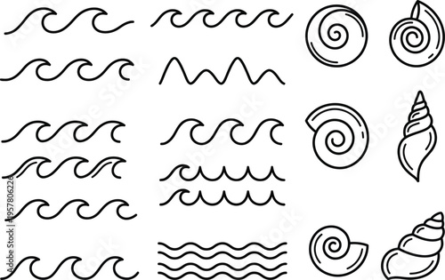 Collection of Stylized Wave and Seashell Line Art Icons for Design