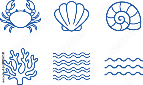 Set of Blue Line Art Icons: Crab, Seashells, Coral, and Waves