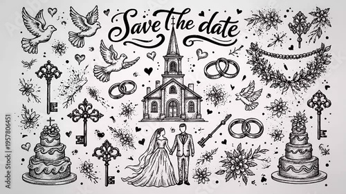Wedding Save the Date Hand Drawing Footage Black and White Animated Icons