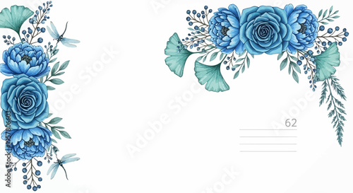 Elegant blue floral arrangements with leaves on a white background design