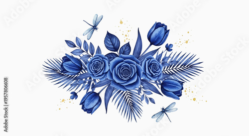 Elegant blue floral arrangement with roses and tulips on white background