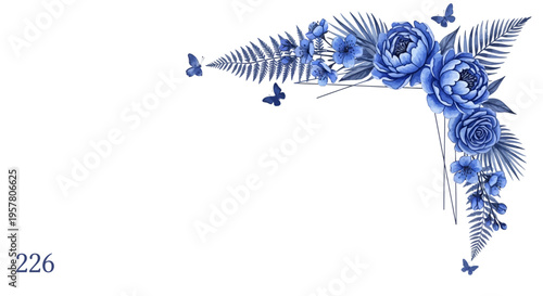 Elegant blue floral corner arrangement with butterflies on white background