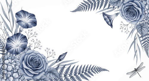 Elegant botanical illustration blue flowers and ferns on white background