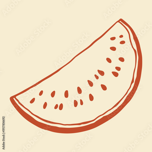 Vector illustration of a curved slice of ripe watermelon with seeds. Hand drawn red line art icon of a sweet tropical fruit for summer party and healthy snack design
