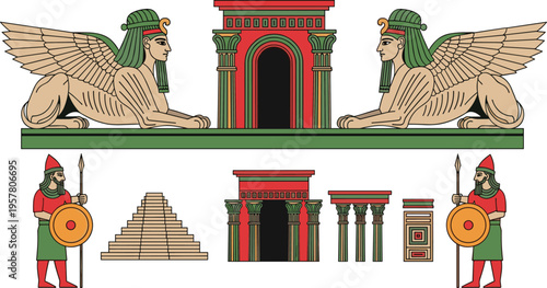Flat vector illustration set of ancient Mesopotamian civilization elements featuring winged lamassu sphinxes bearded warriors with spears shields ziggurat temple and decorative columns.
