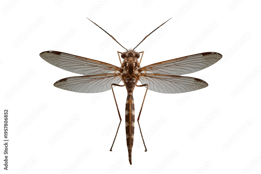 Naklejka premium Crane fly in dorsal view, showing its long body, prominent wings, and antennae. Detailed macro study of an insect
