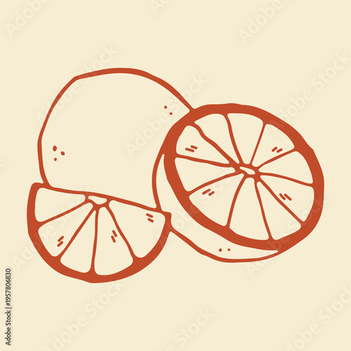 Hand drawn vector illustration of a whole lime fruit, a half, and a segment. Minimalist red line art icon of citrus for healthy juice branding and cafe menu design