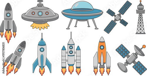 Flat Vector Illustration Set of Cartoon Rockets Spacecraft UFOs and Satellites Isolated on White Background for Space Exploration Galaxy Adventure and Science Fiction Design