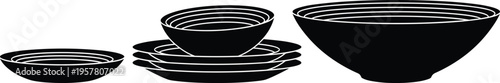 Set of nested bowls and plates in black silhouette with white outlines, kitchenware illustration representing storage, organization, cooking, dining, and household design concepts.