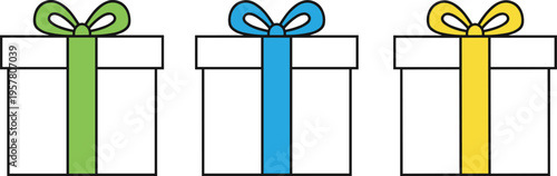 Three white gift boxes with colorful ribbons and bows in green, blue, and yellow, festive holiday celebration illustration for birthdays, parties, Christmas, and gift-giving design concepts.