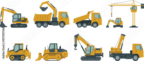 Flat Vector Illustration Set of Yellow Construction Vehicles Including Excavator Dump Truck Crane and Bulldozer Isolated on White Background for Industrial Design and Engineering