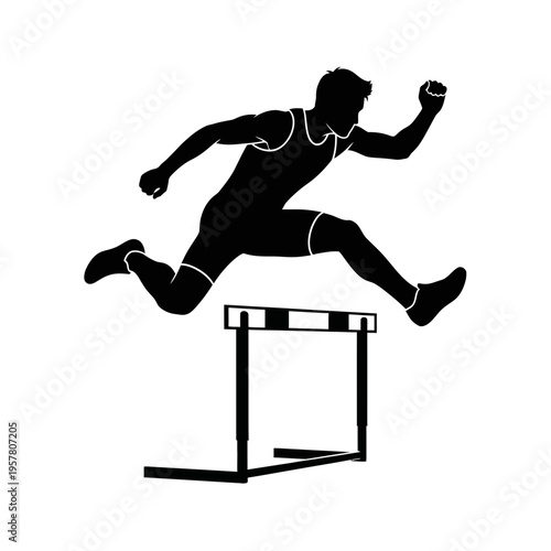 Athlete jumping over hurdle in track.