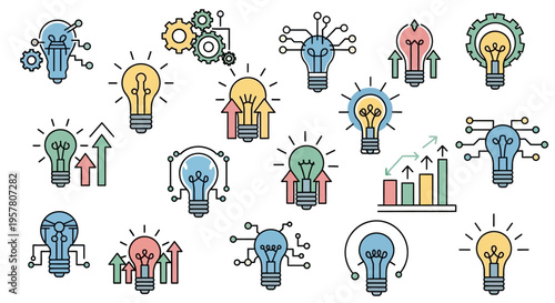 Colorful light bulb creative idea icons.