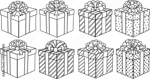 Gift box collection with ribbon bows hand drawn outline vector illustration set isolated on white background for birthday celebration holiday packaging and festive decoration