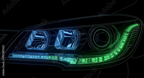Modern car headlight illustration glowing with blue and green lights