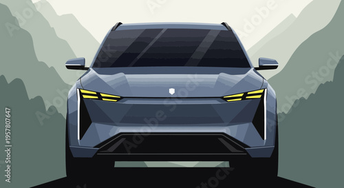 Modern car illustration against a mountain range backdrop vector design