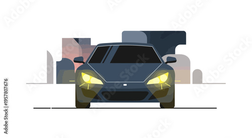 Modern car illustration front view with city skyline and yellow headlights