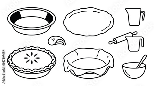 Baking tools and pie preparation steps with rolling pin and dough outlines