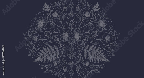 Elegant botanical illustration of symmetrical floral arrangement on dark background