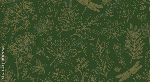 Elegant botanical pattern green and gold leafy design for backgrounds