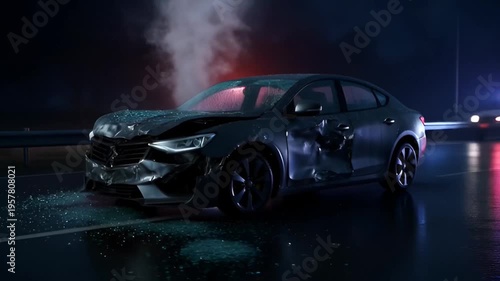 Damaged car on dark road.