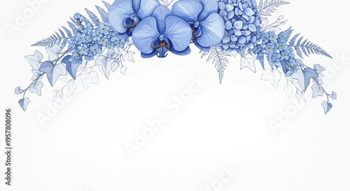 Elegant floral arrangement featuring blue orchids hydrangeas and delicate greenery