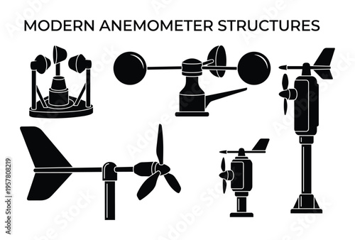 Collection of modern anemometer structures for wind measurement, black silhouettes