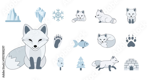 Cartoon arctic fox and icons set.