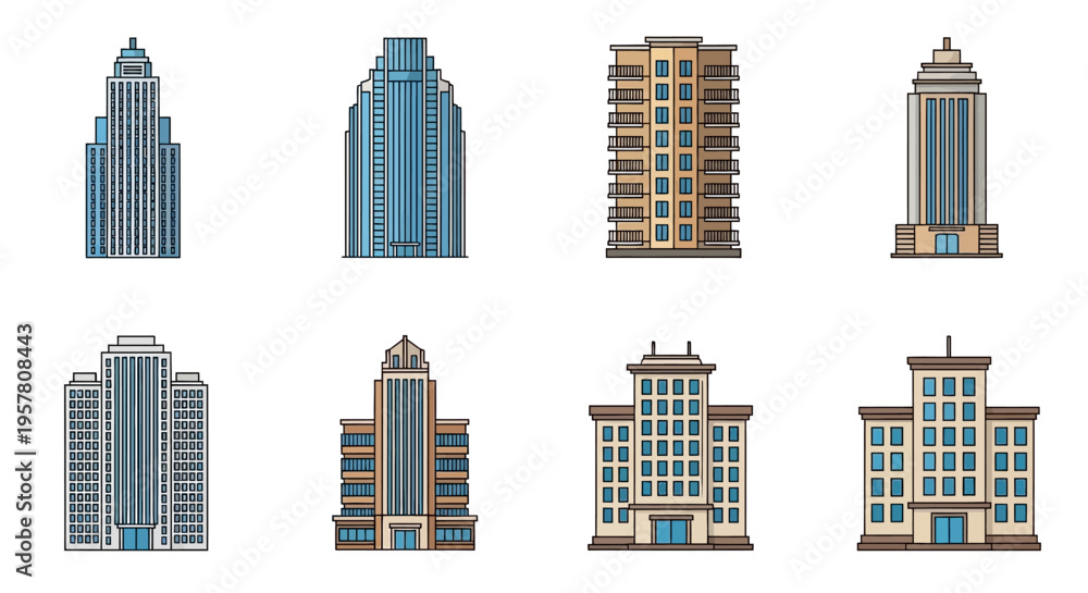 Fototapeta premium Collection of modern city skyscrapers buildings.