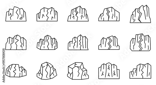 Collection of mountain range line art.