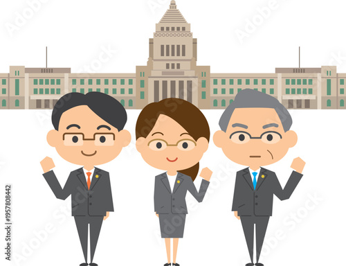 国会議事堂の前に立つ政治家のイメージイラスト