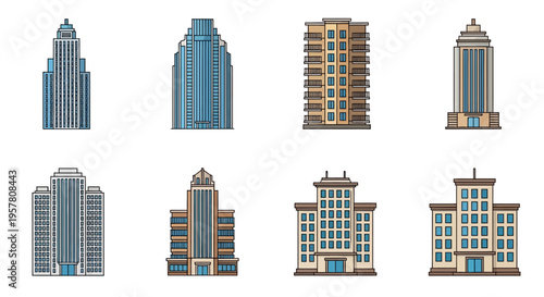 Collection of modern city skyscrapers buildings.