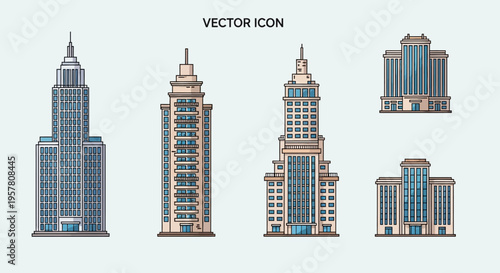 Collection of modern city skyscrapers icons.