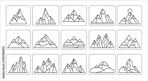 Collection of mountain line art icons.