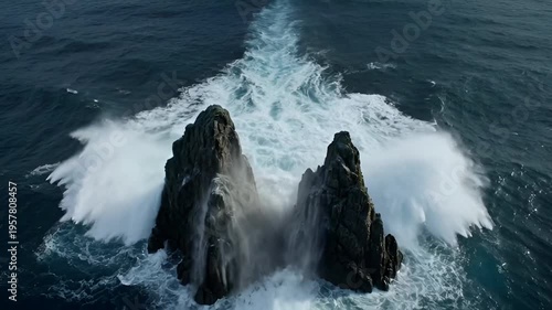 Dramatic ocean rock formations crashing.