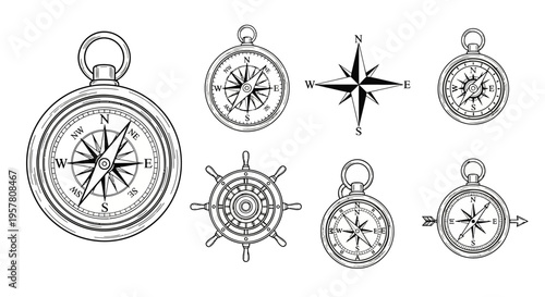 Collection of navigation compass icons.