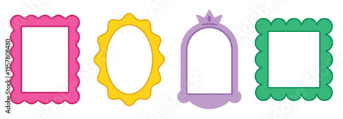 Colorful decorative picture frames set with various shapes, vibrant borders for photos and artwork