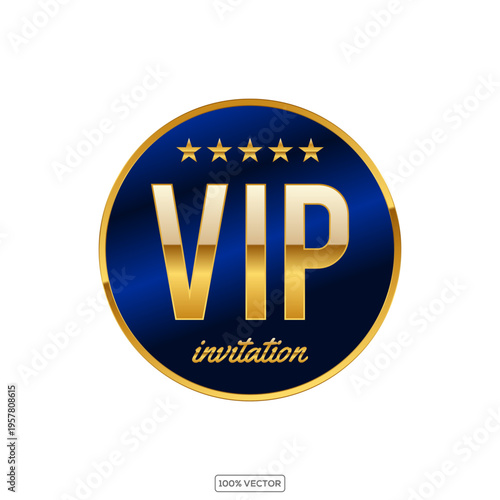 Vip invitation 3d button with gold crown, border and text on black blue background